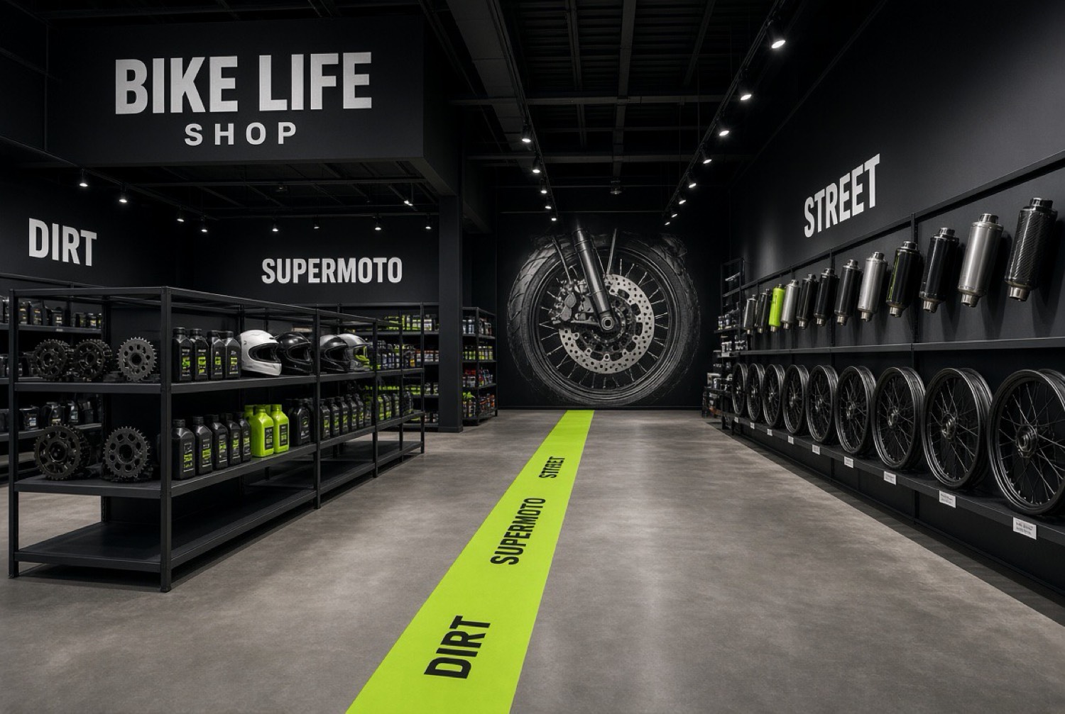 Shop aisle with dirt, supermoto, and street bays