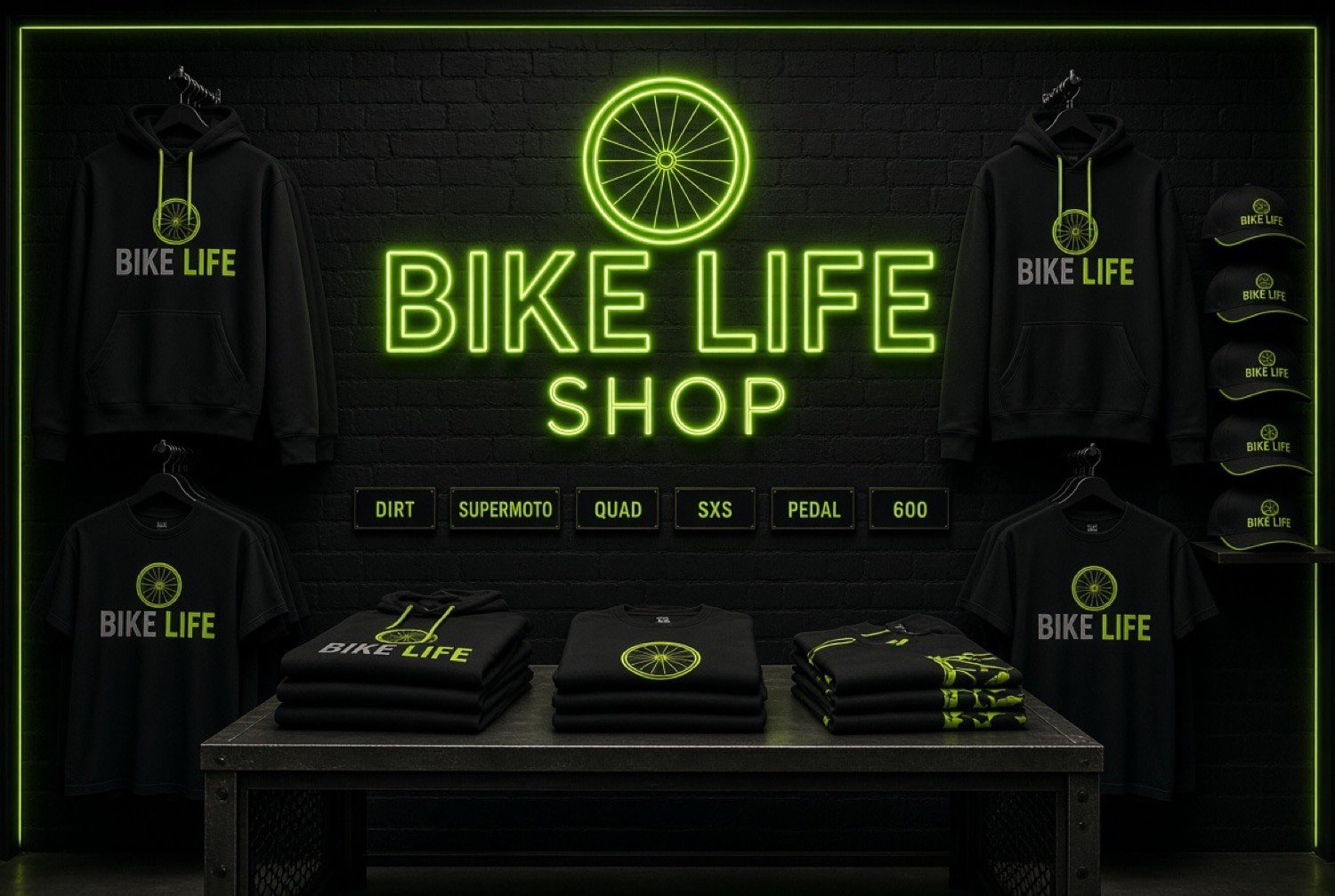 Black brick gear wall with neon Bike Life Shop sign