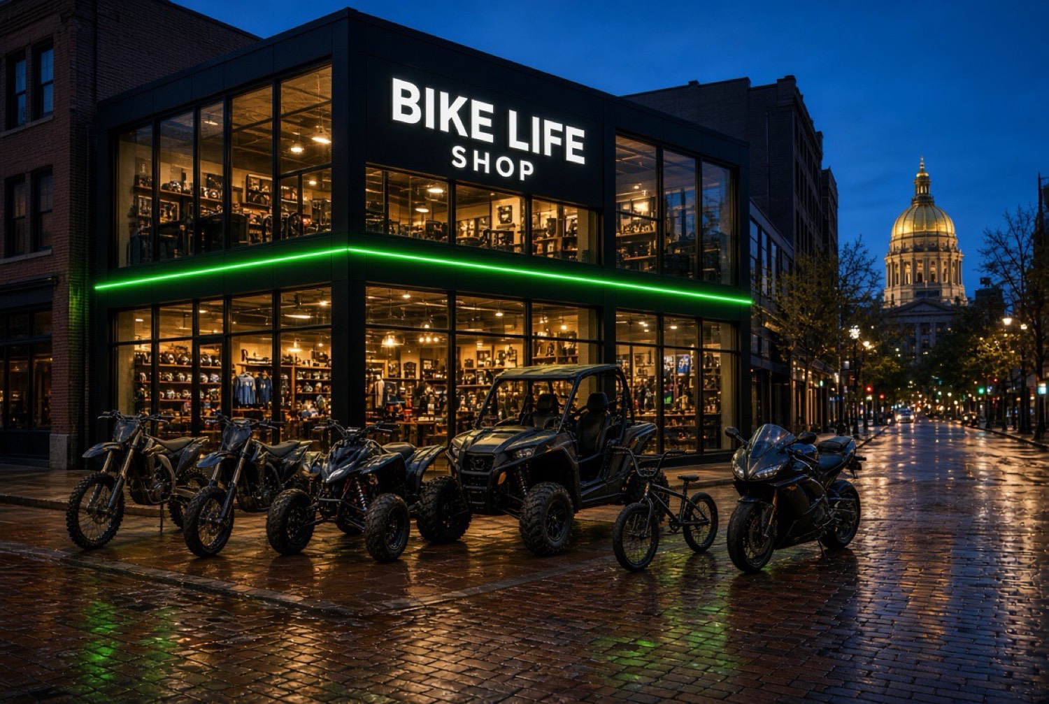 Bike Life Shop at night on a wet Hartford street, gold capitol dome behind the glass