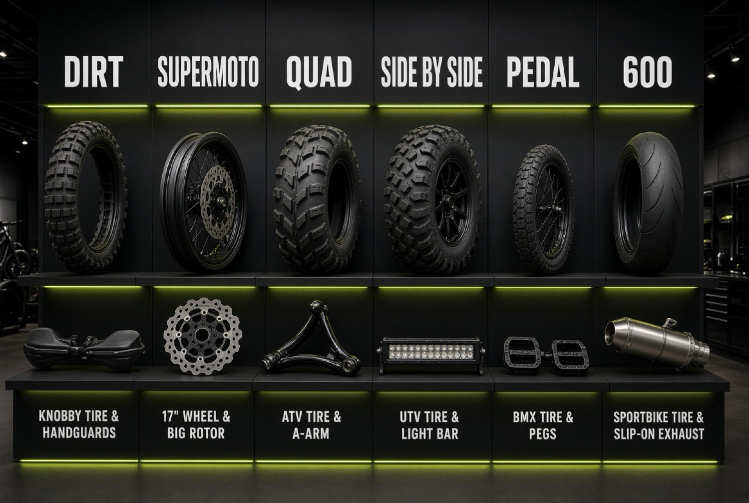 Parts wall labeled dirt through 600
